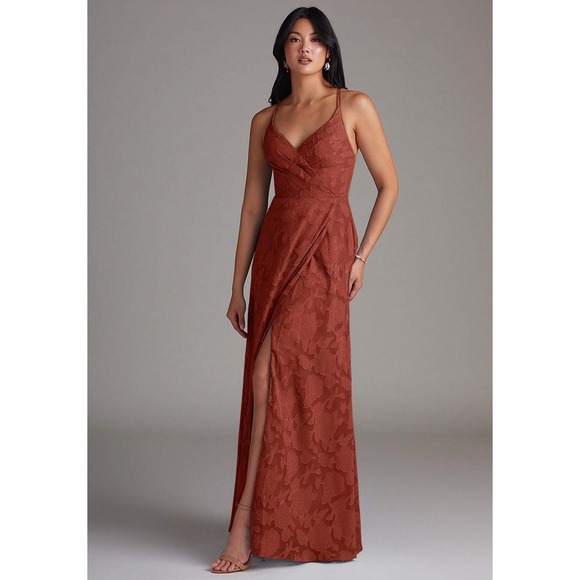 Azazie Davis Burnout Floral Maxi Dress Auburn Slit Open Back Formal Evening  A10